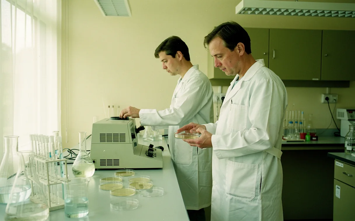 Two technicians compare petri dishes and glassware at a daylight laboratory bench