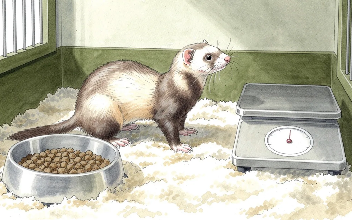 A ferret beside a shallow food dish and a weighing platform in a bright observation enclosure