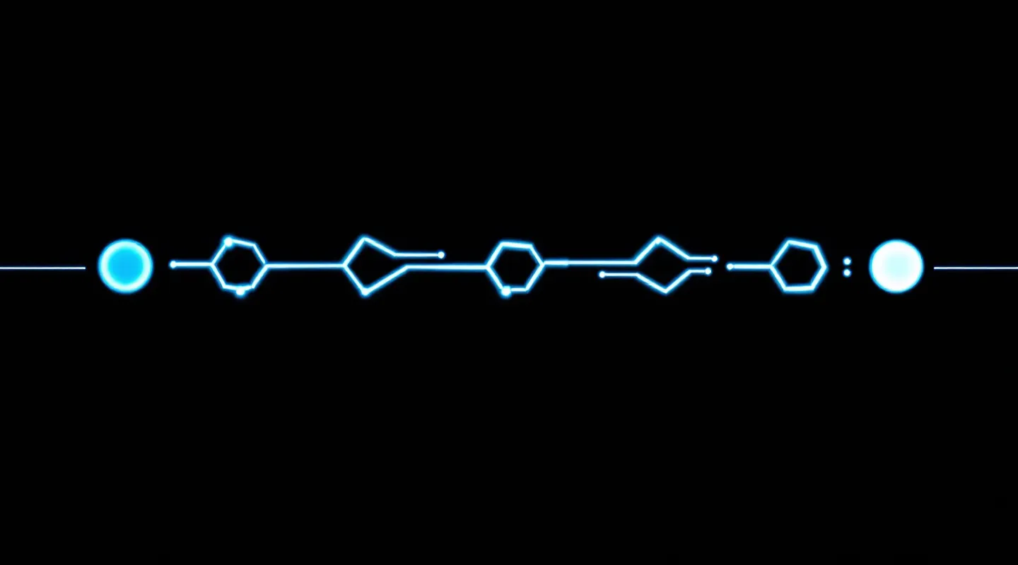 Five small cyan nodes connected by deep-cobalt backbone edges on pure black, with the first node filled solid as the Aib N-terminal cap