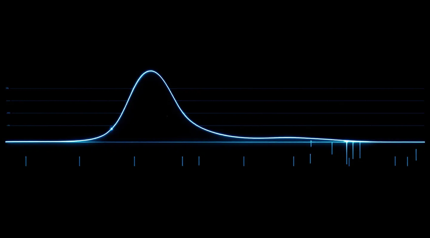 Single cyan pharmacokinetic decay curve on pure black with annotation chips at the peak and the right baseline intersection