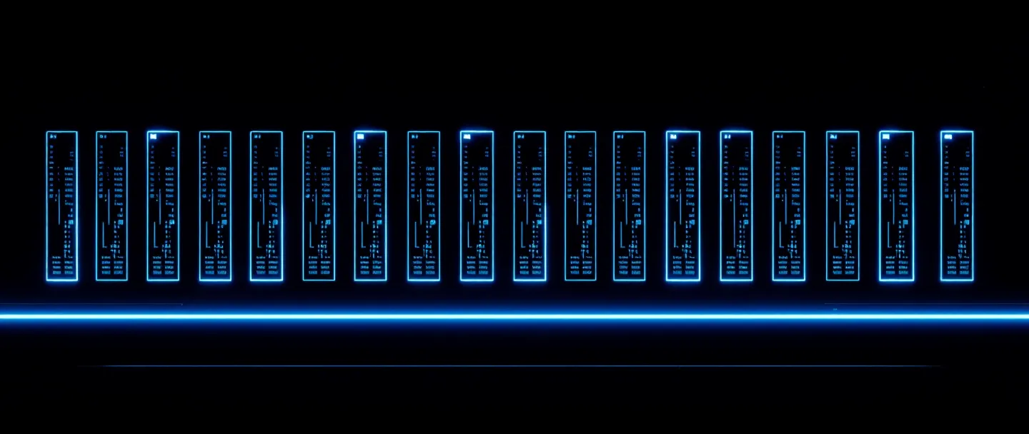 Wide nocturnal rack of eighteen telemetry chips on pure black with cyan anchor squares and three high-signal chips with cyan underglow