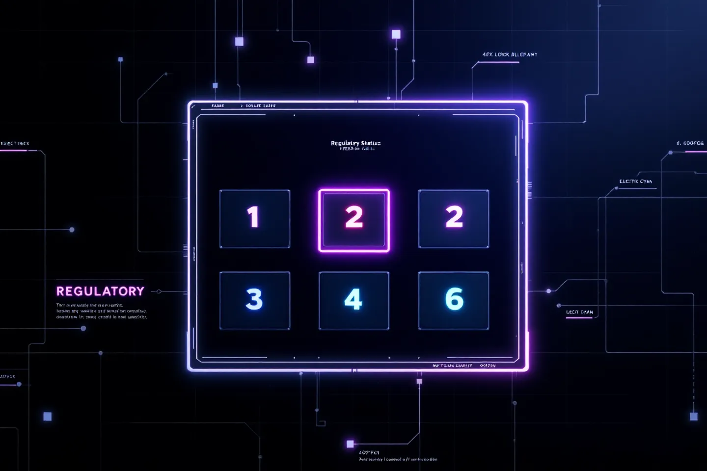 Six-panel regulatory-status matrix on pure black with amber, red, cobalt, and cyan anchor squares signaling jurisdictional status
