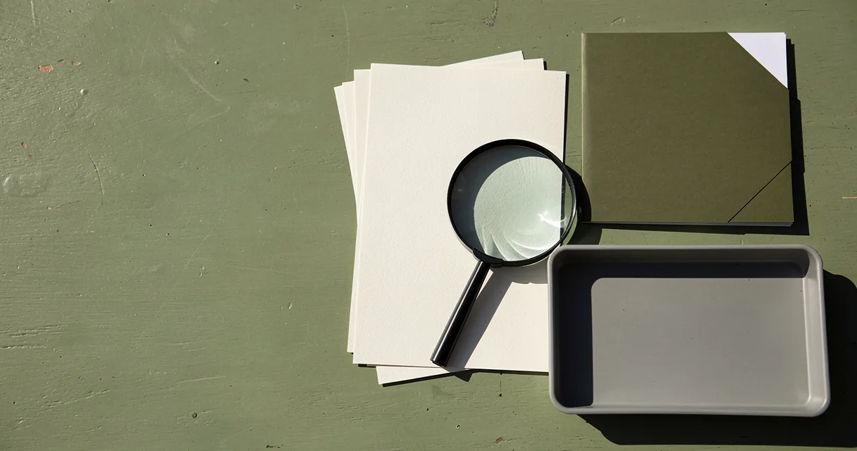 A magnifying glass beside open papers, an empty tray and an olive folder on a sunlit desk