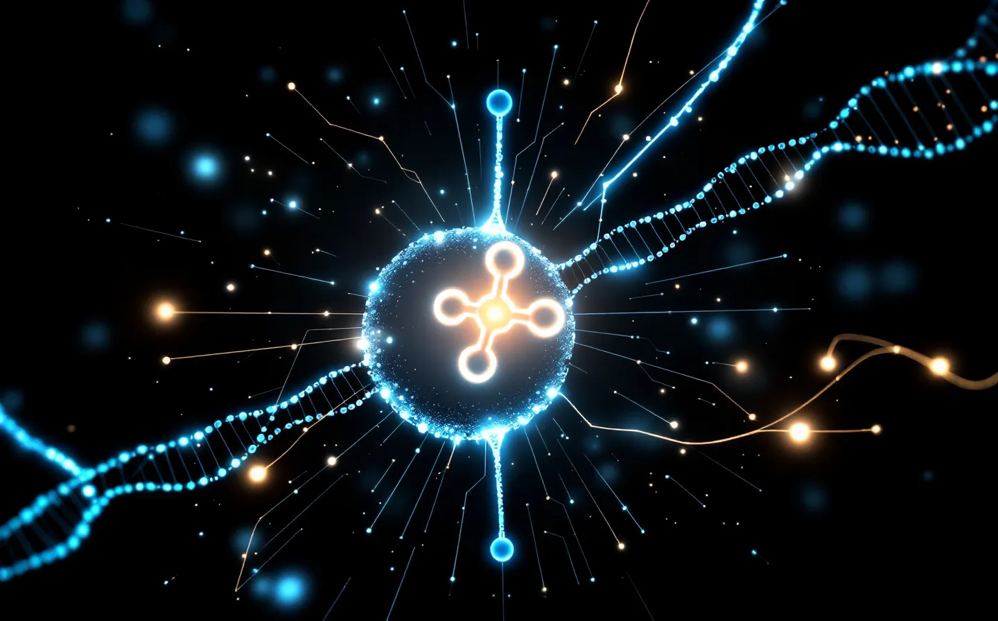 Abstract steel-blue five-node peptide chain docking a receptor with one bright pathway and two dimmed off-target pathways on a near-black field