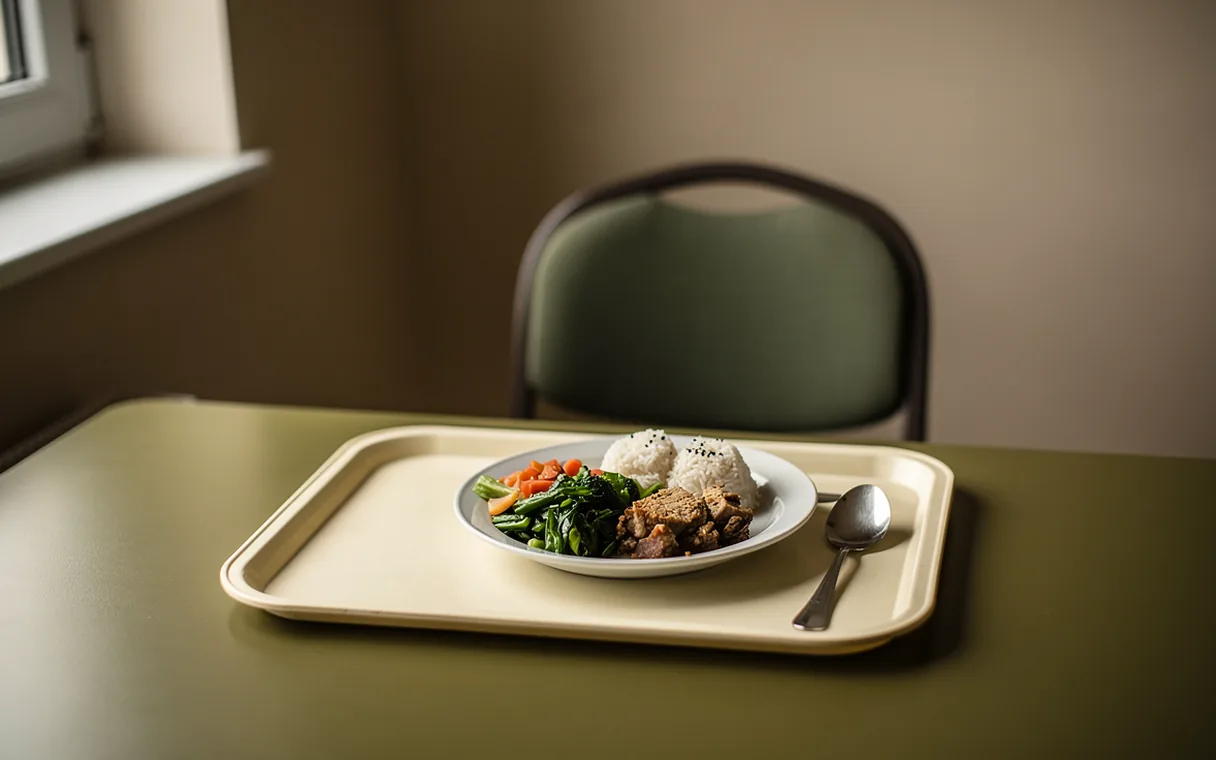 A plain meal on a tray with a spoon and an empty chair in a softly lit room